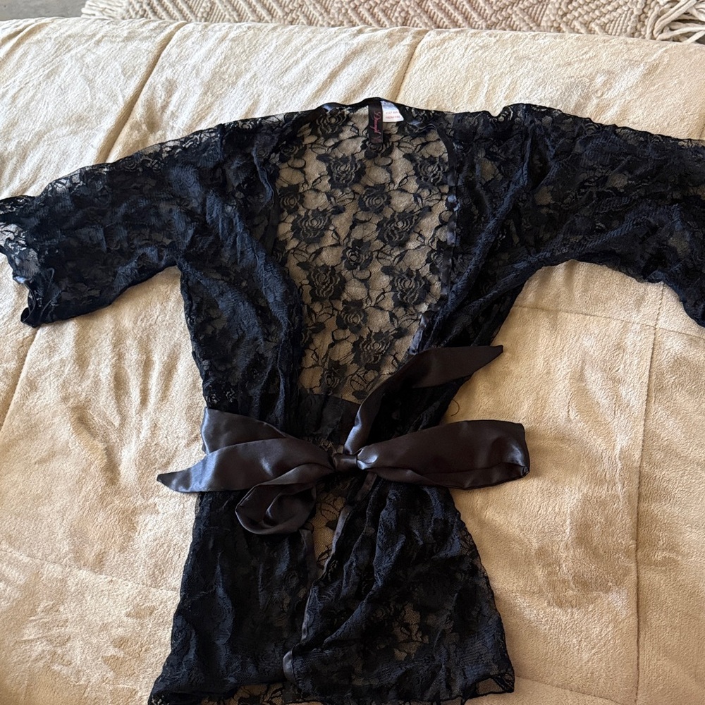 Dreamgirl Black Sheer Floral Lace Kimono with Satin Waist Tie